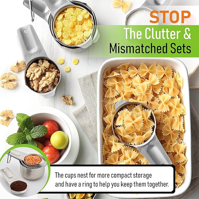 Spring Chef Magnetic Ice Scoop with Soft Grip Handle, Black & Stainless Steel Round Measuring Cups, Set of 7-2 Product Bundle