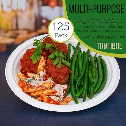 9" Paper Plates, Compostable Bagasse Food Container, Disposable, Microwave Safe for Lunch, Dinner, Party, Supplies, Events, Bulk 125 Pack