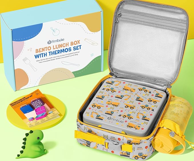 Fimibuke Bento Box for Kids Adult - Leakproof 3-4 Compartments Lunch Bento Box Set with Insulated Thermos Food Jar, Water Bottle, Lunch Bag, Sauce Cup & Cutlery for Toddler Teen Shcool Girl Boy Age 3+