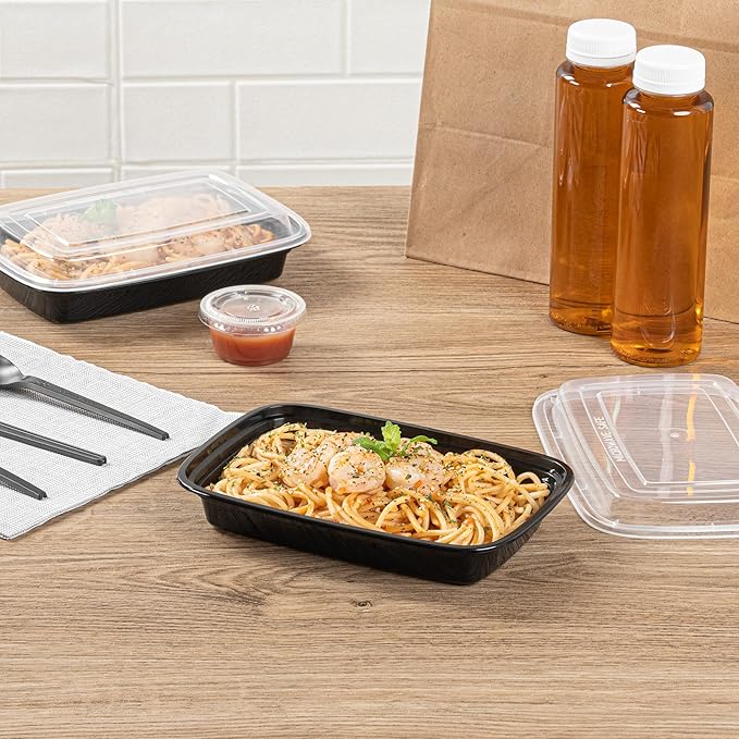 Restaurantware Asporto 16 Ounce To Go Boxes 100 Microwavable Round Soup Containers - Clear Plastic Lids Included Do Not Contain BPA Black Plastic Catering Food Containers Disposable