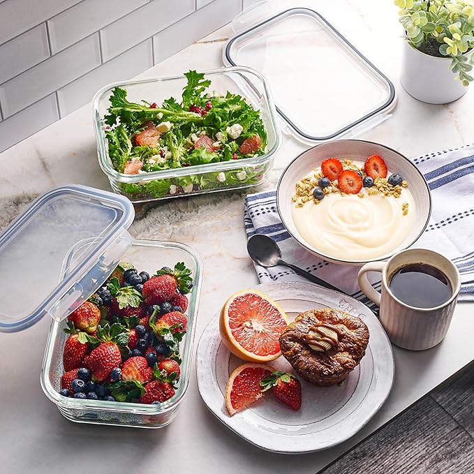4pc Set of 8 Cup Large Glass Food Storage Containers with Lids - Airtight Meal Prep Container with Lid Lock - Freezer Microwave & Oven Safe Clear Lunch Bowl, Stackable Baking Pantry Organizer