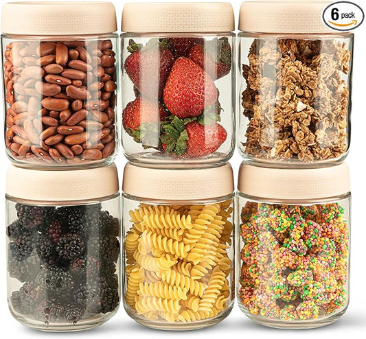 C&O ESSENTIALS 16 oz Glass Mason Jars with Airtight Lids - Wide Mouth Canning Jars for Food Storage, Meal Prep, Overnight Oats, Preserving, Pickling (6-Pack) (Beige)