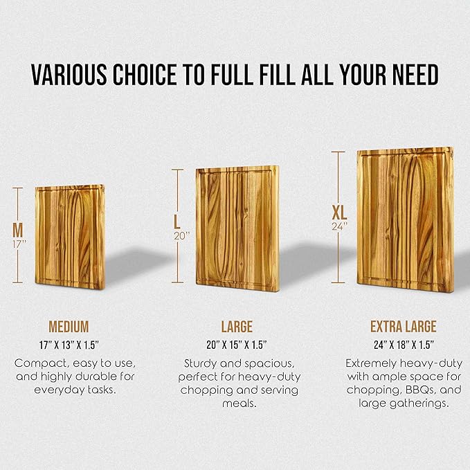 Bearchop Teak Cutting Boards for Kitchen, [17" x 13" x 1.5"] Medium Edge Grain Cutting Boards, Solid Teak Wood Butcher Block Cutting Board with Juice Grooves and Handle, Knife Friendly and Reversible