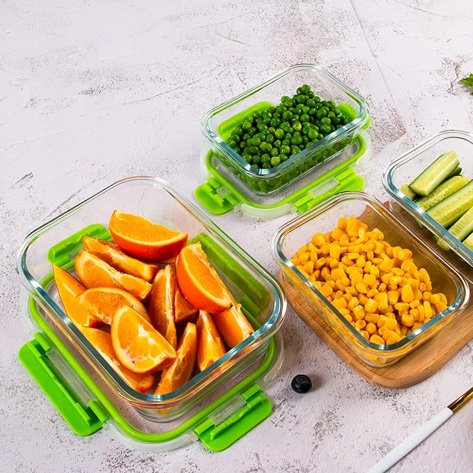 10 Pack Glass Food Storage Containers with Airtight Lids, Ideal for Meal Prep, Lunches - Microwave and Dishwasher Safe, Green