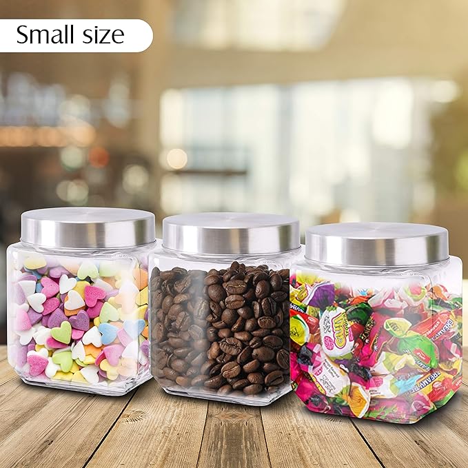 Food Storage Containers – Set of 3 Glass Jars with Stainless Steel Lids – Square Glass Containers for Coffee, Spices, Beans and Food – Reinforced Lid for Secure Closure – 40oz