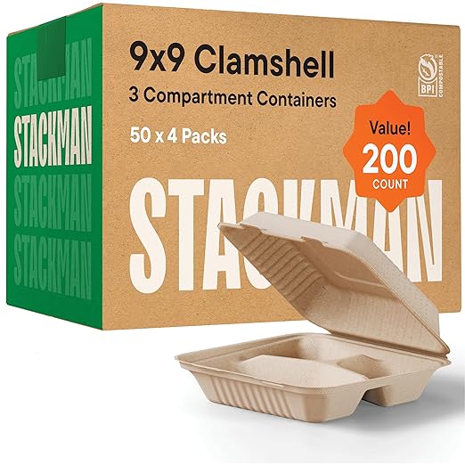 [Bulk - 200-Count] 100% Compostable To Go Containers 9x9" 3-Compartment Clamshell Take Out Food Container with Hinged Lid - Disposable Togo Plates - Eco-Friendly Takeout Box Made of Sugar Cane Bagasse