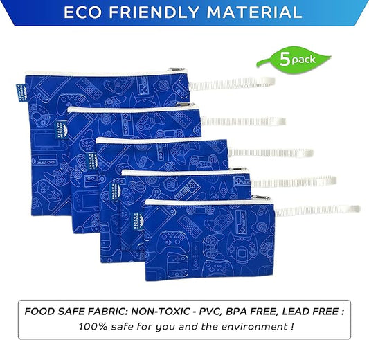 Nordic By Nature Reusable Sandwich Bag Snack Bags - Value Pack of 5 Dual Layer Lunch Baggies - Dishwasher Safe - Eco Friendly Cloth Wraps - Easy Open Zipper (Gamer Blue)