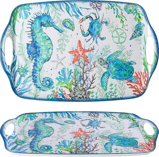 LEHAHA Serving Tray with Handles, Large Rectangular Melamine Serve Platter for Serve Food, Set of 2, 19 x 12 inch,Unbreakable Food Platter for Coffee Table, Ottoman Tray for Bedroom, Living Room.
