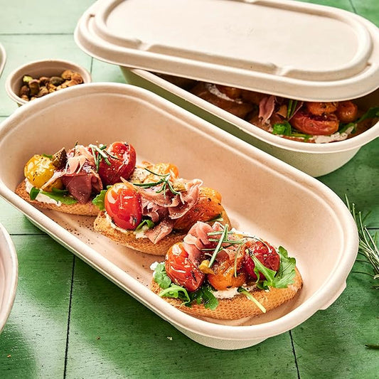 Disposable 28oz Oval Food Containers with Lids - Eco-Friendly Biodegradable Bamboo & Sugarcane, Sturdy & Leak Resistant, Freezer & Microwave Safe for Hot & Cold (50 Bowls + 50 Lids)