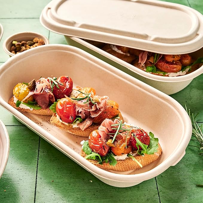 Disposable 28oz Oval Food Containers with Lids - Eco-Friendly Biodegradable Bamboo & Sugarcane, Sturdy & Leak Resistant, Freezer & Microwave Safe for Hot & Cold [400 Bowls + 400 Lids]
