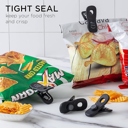 Rae Dunn Bag Clips with Magnet - Food Clips, Chip Clips, Bag Clips for Food Storage with Air Tight Seal Grip for Bread Bags, Snack Bags and Food Bags, Pack of 10, Black