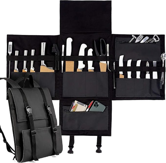 Under NY Sky Genuine Leather Knife Bag - Leather Knife Case - 13 Slots, 2 Zipped Pockets for Kitchen Utensils, Cutlery Knives - Tablets & Notebooks Pocket - Tool Storage Bag Style for Chefs - Black