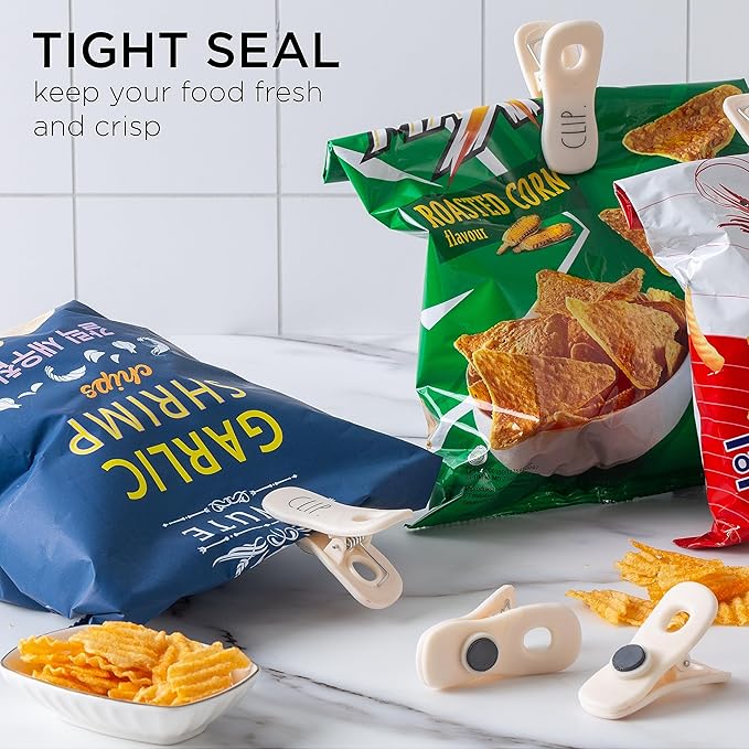 Rae Dunn Bag Clips with Magnet - Chip Clips, Food Storage with Air Tight Seal Grip for Bread, Snack and Food Bags, Pack of 10, White