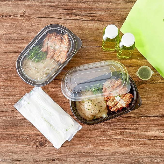 RW Base 32 Ounce Meal Prep Containers, 50 Microwavable To Go Containers With Lids - Disposable, Freezable, Black Plastic Oval Food Containers, Pack Hot And Cold Food, For Takeaway - Restaurantware