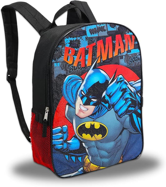 Batman Backpack and Lunch Box Bundle Set ~ Deluxe 16" Batman Backpack for Boys Kids with Insulated Lunch Bag and Stickers (Batman School Supplies)