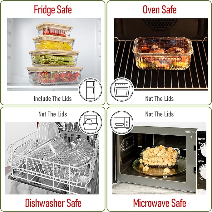 Set of 4 Stackable Space-Saving Nesting Glass Containers with Airtight Bamboo Lids - Lunch, Meal & Food Prep - Microwave & Oven Safe BPA Free Durable Heat Resistant Inert Borosilicate Glass