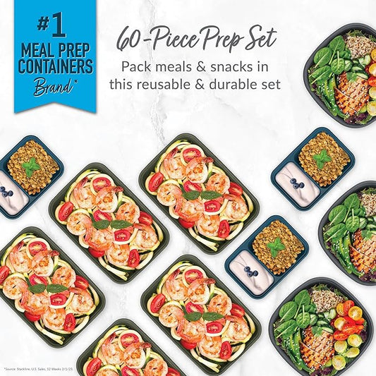 Bentgo Prep 60-Piece Variety Meal Prep Kit - Reusable Food Containers 1-Compartment Trays, Prep Bowls, & Snack Boxes for Healthy Eating - Microwave, Freezer, & Dishwasher Safe (Rich Shades)