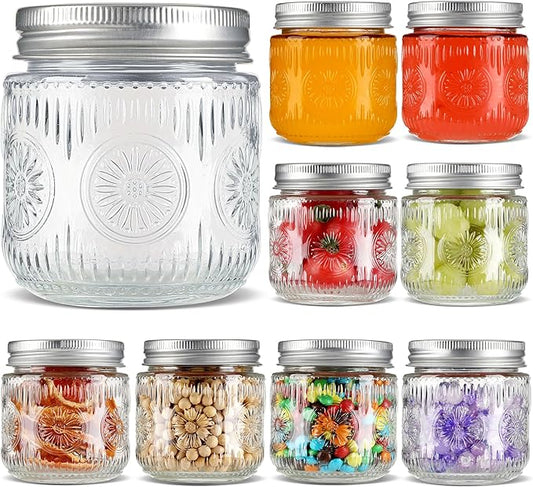 Mason Jars 8 oz - Small Glass Mason Jars with Silver Metal Lids, Regular Mouth Canning Jars, Safe For Storage, Canning, Pickling, Preserving, Fermenting, DIY Crafts & Decor (8Pack)