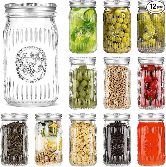 Mason Jars 32 oz, 12 Pack Glass Wide Mouth Mason Jars, with Airtight Lids and Bands, Large Canning Jars for Food Storage, Pickling, Meal Prep, DIY Decor, Fruit Print, Safe for Microwave & Dishwasher