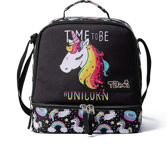 Tilami Lunch Bags Insulated Adjustable Strap Zipper, Two Compartments Cooler Bags, Bento Bags for Kids Toddlers, Unicorn Cute