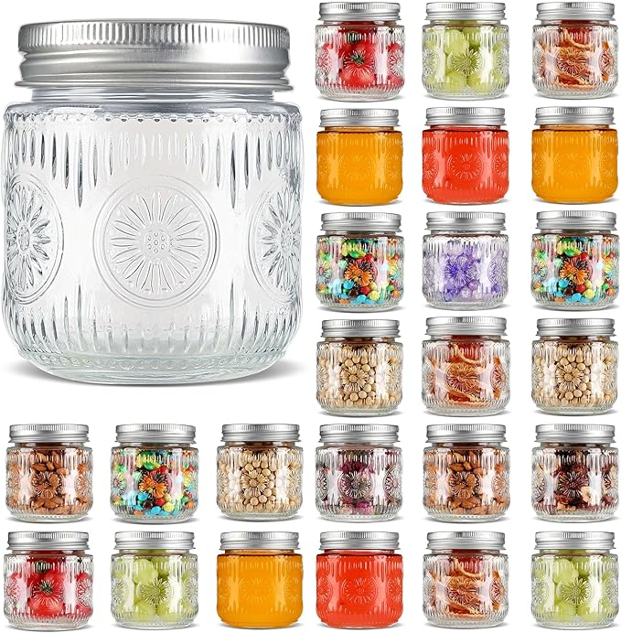 Mason Jars 8 oz - Small Glass Mason Jars with Silver Metal Lids, Regular Mouth Canning Jars, Safe For Storage, Canning, Pickling, Preserving, Fermenting, DIY Crafts & Decor (24Pack)
