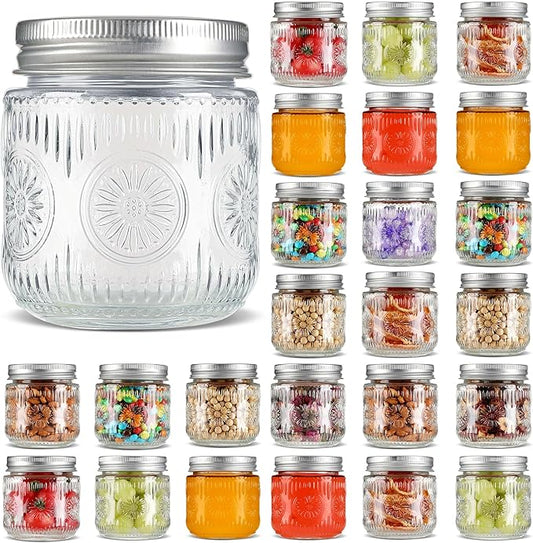 Mason Jars 8 oz - Small Glass Mason Jars with Silver Metal Lids, Regular Mouth Canning Jars, Safe For Storage, Canning, Pickling, Preserving, Fermenting, DIY Crafts & Decor (24Pack)