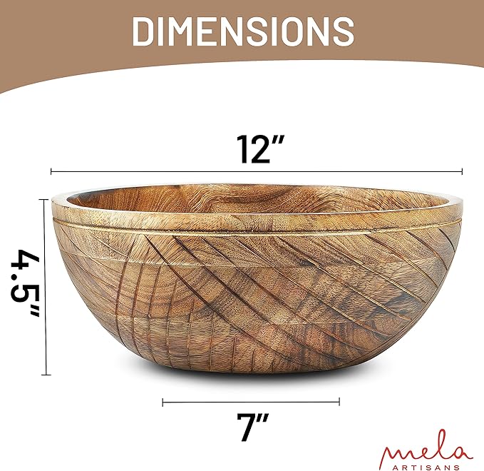 Mela Artisans 12'' Wooden Fruit Bowl, Large Serving Bowl for Salads, Cereals, Snacks & Mixing | Decorative Bowls for Kitchen | Jai Valley Collection