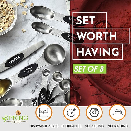 Spring Chef Stainless Steel Magnetic Measuring Spoons, Set of 8 & Heavy Duty Meat Tenderizer, Black - 2 Product Bundle - Black