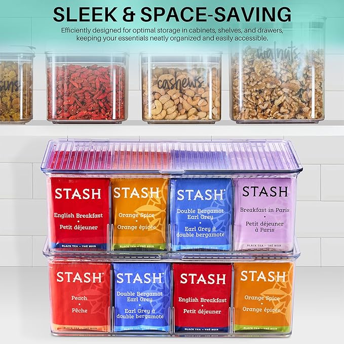 Sorbus 2 Pack Tea Bag Organizer Bins w/Lids & 4 Removable Dividers, Clear Plastic Food Packet Snack Organizer, Stackable Pantry Organization, Kitchen Storage, Fridge Bins, Sturdy Cabinet Organizers