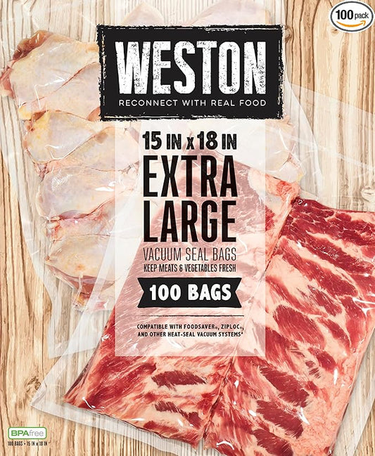 Weston Vacuum Sealer Bags, 2 Ply 3mm Thick, for NutriFresh, FoodSaver & Other Heat-Seal Systems, for Meal Prep and Sous Vide, BPA Free, 15" x 18" (Extra Large), 100 Count, Clear