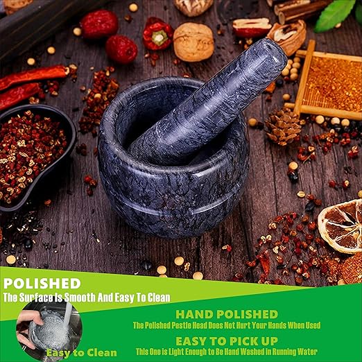 Mortar and Pestle Set Polished Natural Marble Stone Guacamole Molcajete Bowl with Base Silicone Pad,Matching Stainless Spoon and Matching Small Brush 200ml Capacity(Small, Dark Gray)