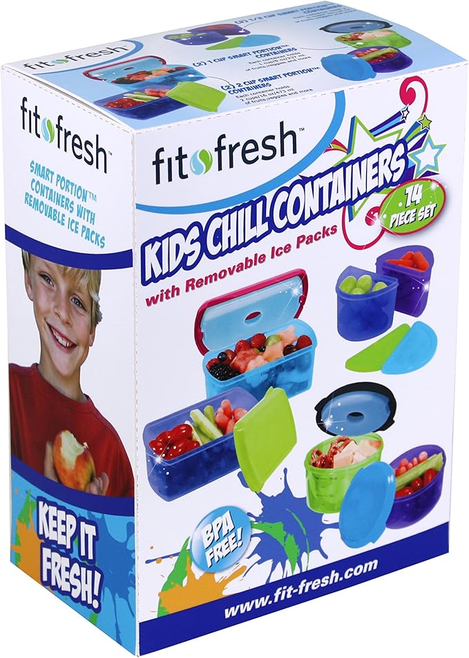 Fit & Fresh Kids' Reusable Lunch Box Container Set with Built-In Ice Packs, 14-Piece Healthy Lunch and Snack Kit, BPA-Free Microwave Safe, Portion Control