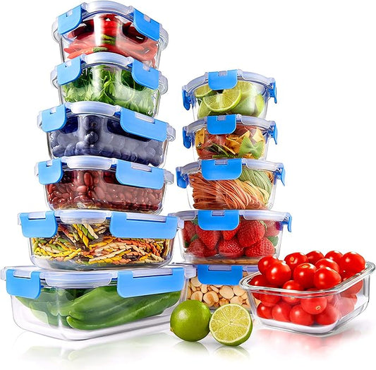 NutriChef 24-Piece Stackable Glass Food Storage Containers - Heavy Duty Meal Prep Containers w/Airtight Lids for Food, Snacks, Fruit - Microwave, Freezer, & Dishwasher Safe