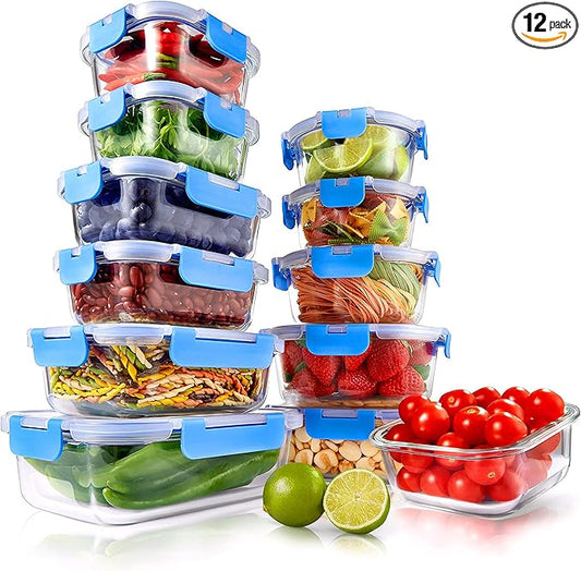 NutriChef 24pcs Glass Food Storage Containers, (12 Stackable Heavy Duty Meal Prep Containers w/ 12 Airtight Lids), Microwave, Freezer, & Dishwasher Safe for Food, Snacks, Fruit & More, (Blue)