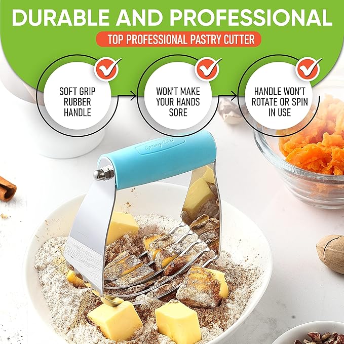 Spring Chef Dessert Bundle - Ice Cream Scoop, Medium Dough Blender, Magnetic Measuring Spoon Set - Aqua Sky