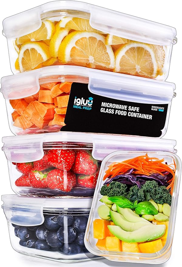 Igluu Meal Prep Glass Containers with Lids (5 pack + extra lid) - Meal Prep Containers Reusable, Microwave, Oven, Freezer & Dishwasher Safe - Food Storage Containers with Steam Vent Lids (840ml 28oz)