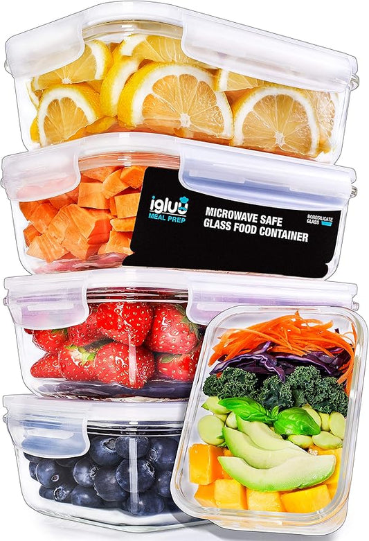 Igluu Meal Prep Glass Containers with Lids (5 pack + extra lid) - Meal Prep Containers Reusable, Microwave, Oven, Freezer & Dishwasher Safe - Food Storage Containers with Steam Vent Lids (840ml 28oz)