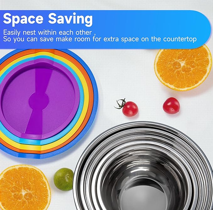 Mixing Bowls Set of 5,Stainless steel Nesting Bowls with Airtight Lids,Size 5, 4, 3.5, 2, 1.5QT for Baking,Cooking,Prepping and Saving Food (BLUE, 25PCS)