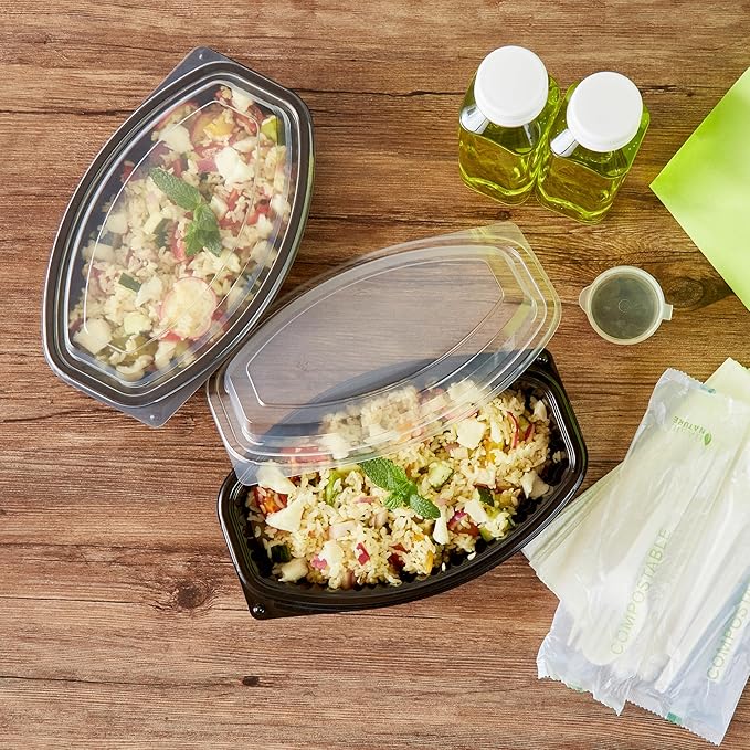 Restaurantware RW Base 24 Ounce Meal Prep Containers, 100 Microwavable To Go Containers With Lids - Disposable, Freezable, Black Plastic Oval Food Containers, Pack Hot And Cold Food, For Takeaway