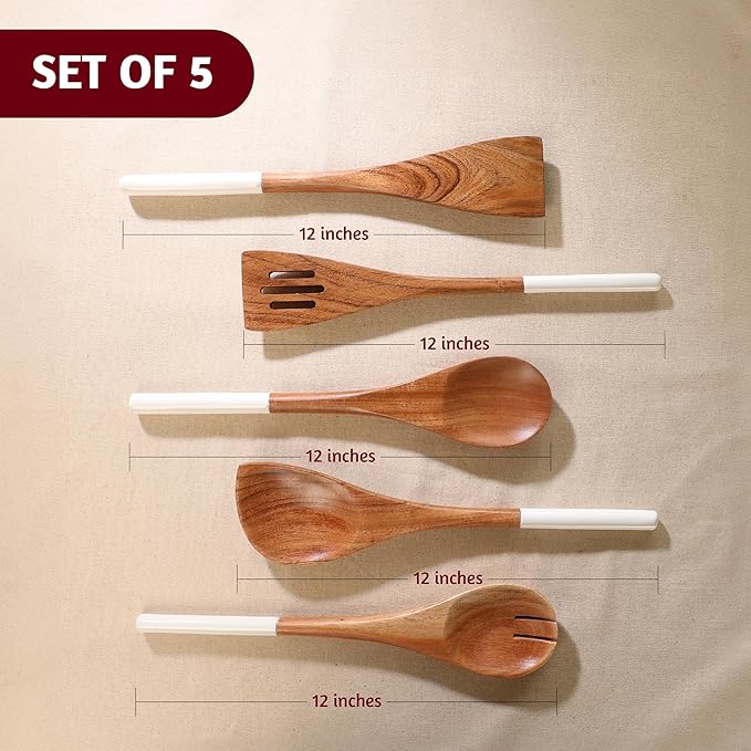 Folkulture Wooden Spoons for Cooking | 12" Premium Acacia Wooden Utensil Set of 5 - Smooth Finish, Soft Comfort Cooking Utensils Set for Kitchen, Gifts | Non Stick Wooden Cooking Utensils Set of 5