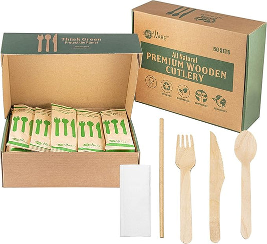 Disposable Wooden Cutlery Set – 50 Set Combo Pack Camping Utensils (Fork, Knife, Spoon, Paper Straw and Napkin) Compostable Birch Wood Bio Degradable Alternative to Plastic Spoons for Camping Picnic