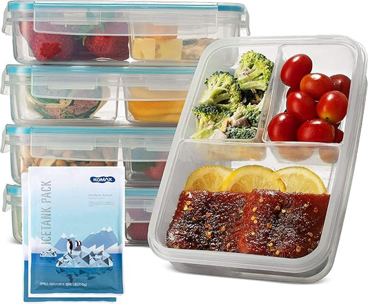Komax Biokips Set of 5 Lunch Containers – 3 Compartment Food Container for Meal Prep, Portion Control – Microwave & Dishwasher Safe Bento Box Adult Lunch Container w/Locking Lid (37 oz)