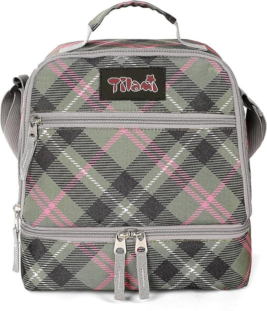 Tilami Lunch Bags Insulated Adjustable Strap Zipper, Water-Resistant Cooler Bags, Bento Bags for Kids Toddlers, Pink Plaid