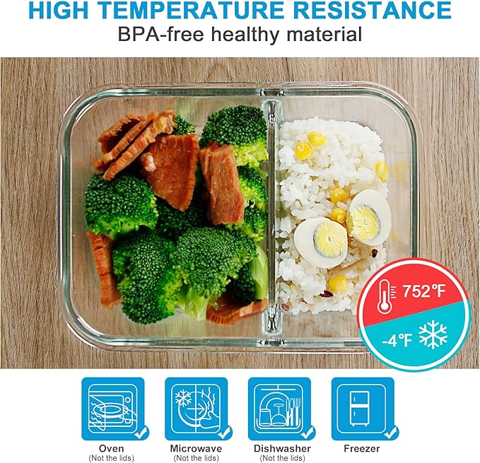 DAS TRUST [5-Pack,36 Oz Glass Meal Prep Containers 2 Compartments Portion Control with Upgraded Snap Locking Lids Glass Food Storage Containers, Microwave, Oven, Freezer (4.5 Cups, White)