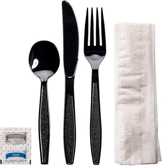 Biodegradable EcoPure 6-in-1 Heavyweight Cutlery/Utensil Packs - 50 Packs - Contains: Fork, Knife, Spoon, Napkin, Salt, Pepper - Individually Wrapped - Earth-Friendly, Heavy Duty