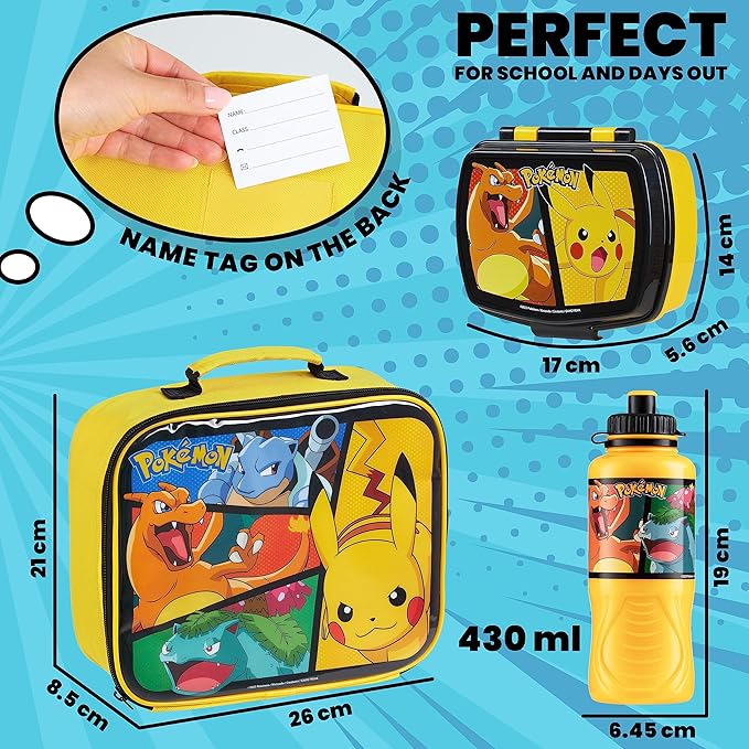 Pokemon Kids Insulated Lunch Bag, Lunch Box and Water Bottle, 3 Piece Set (Yellow)