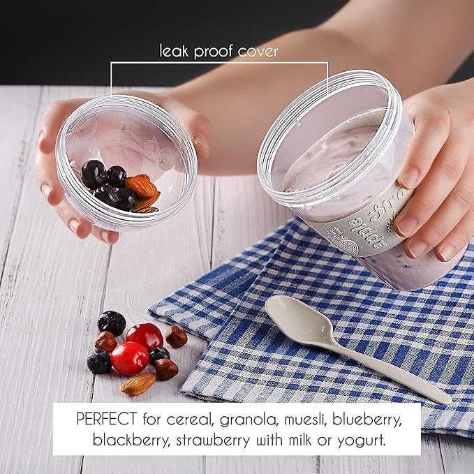 Crystalia Yogurt Parfait Cups with Lids, BPA FREE Reusable Yogurt Containers with Lids and Spoons, Take and Go Yogurt Cup with Topping Cereal or Oatmeal Container, Colorful Set of 4 (Large 20 oz)