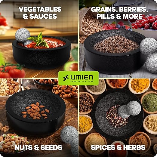 Umien™ Granite Mortar and Pestle Set - 100% Granite - 3.5-Cups - 8-Inch – Avocado Tool Included – Natural Stone Molcajete for Spices, Pestos, & Guacamole (Black) - Stone Grinder - Guacamole