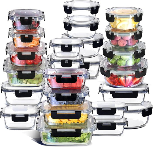 EATEX 48pc Glass Storage Containers with Lids, 24 Set Glass Food Storage Containers with 24 Airtight Lids, Pantry Kitchen Meal Prep Containers for Lunch, Freezer Storage Containers, Dishwasher Safe
