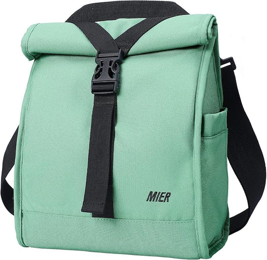MIER Insulated Lunch Bag Roll Top Lunchbox for Women Men Adults Foldable Rolltop Lunch Tote with Shoulder Strap for Work Office Picnic, Water Bottle Holder, Green